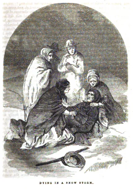 Illustration depicting Franklin Graves' death in the snow, titled "Dying in a snow storm." Source: Graham's Illustrated, 1857