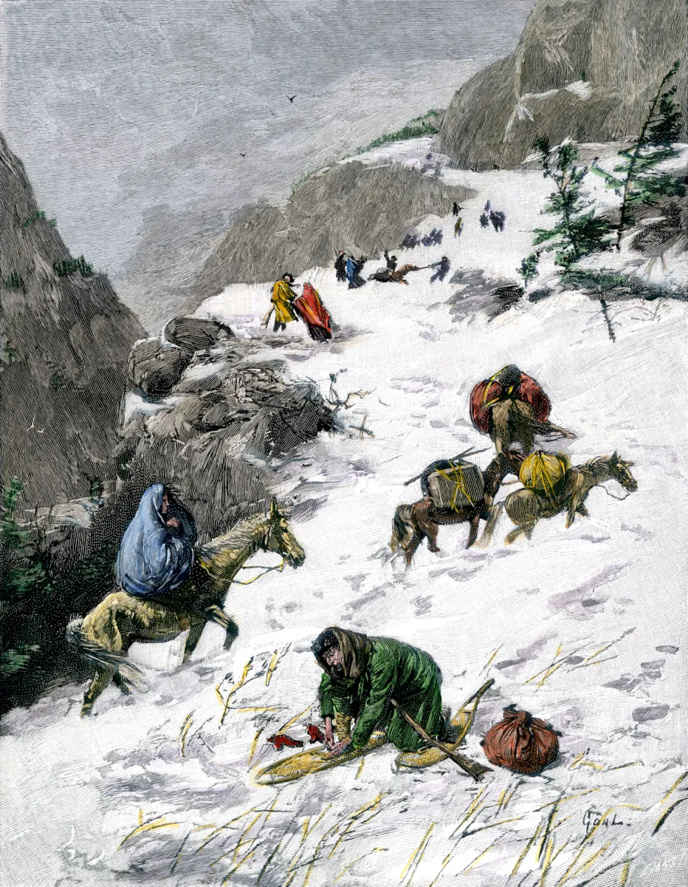 Illustrated depiction of the Forlorn Hope climbing the snowy mountains